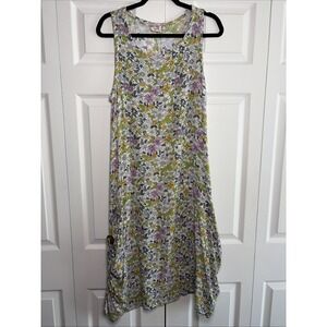 Water Lily Boho Floral Handkerchief Hem Dress Womens Size Large Pockets